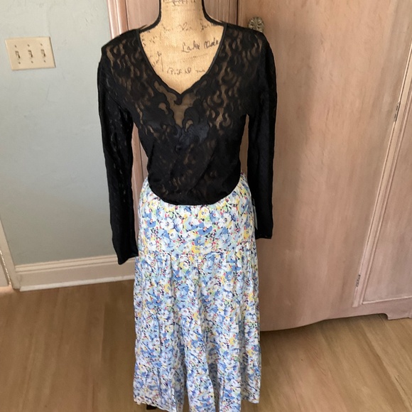 NWT Chaps Tiered prairie maxi Skirt Floral boho cotton summer cottagecore blue L - Picture 14 of 14